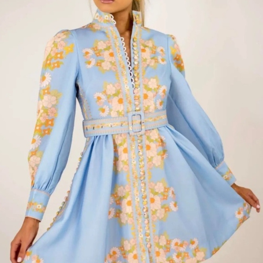 NEW Tuckernuck Beulah Leila Women’s Blue Belted Floral Dress Small B2786 - Picture 2 of 6